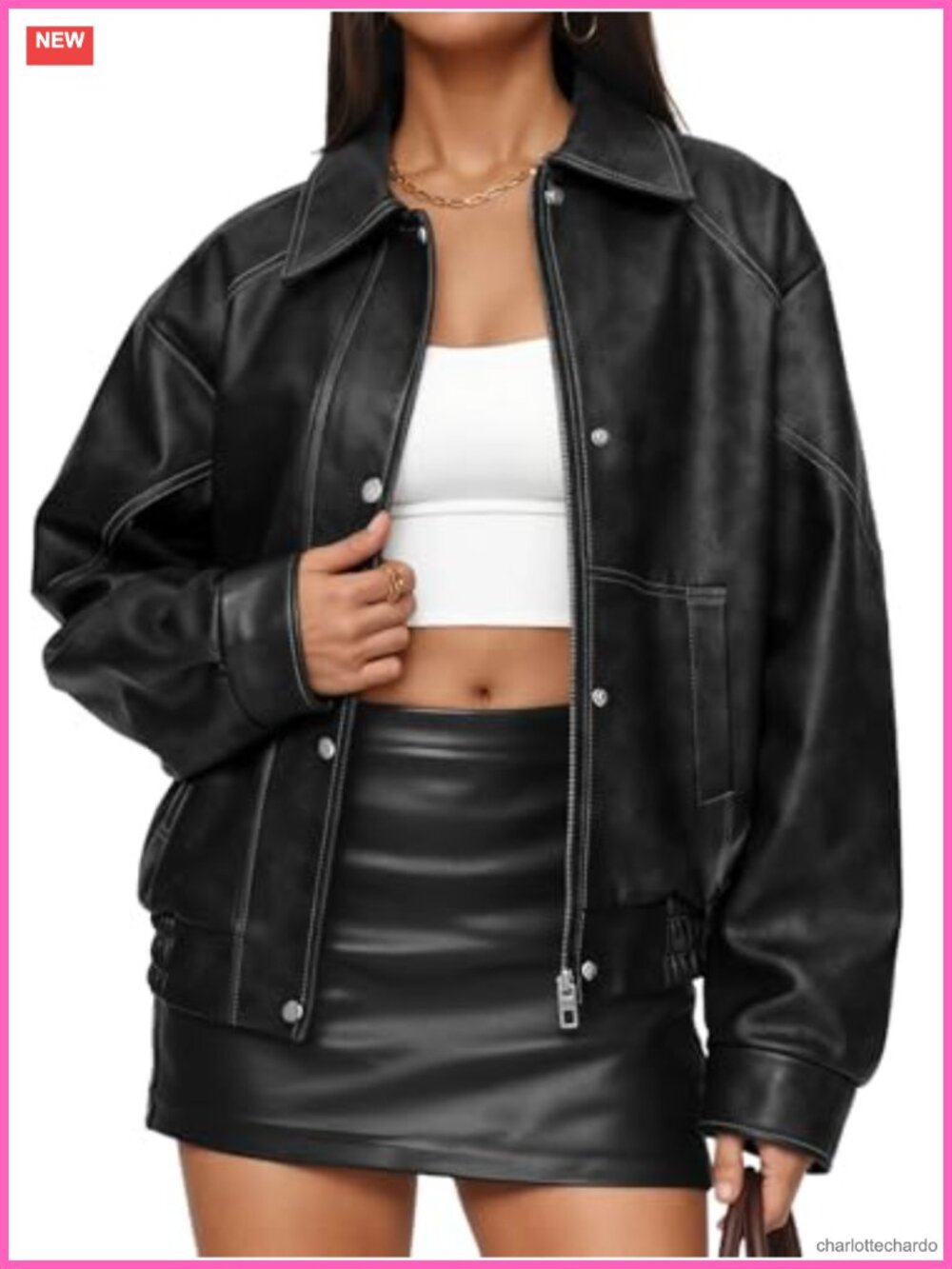Oversized Faux Leather Jacket Zip Up Motorcycle Bomber Coat